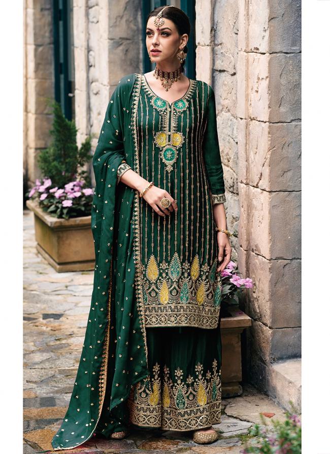 Chinnon Silk Green Traditional Wear Embroidery Work Readymade Palazzo Suit